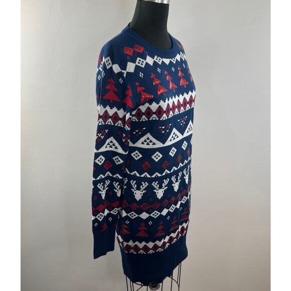 TIPSY ELVES Blue Red White Sweater Dress Knit Sequin Fair Isle Size Large L NEW - Picture 7 of 12